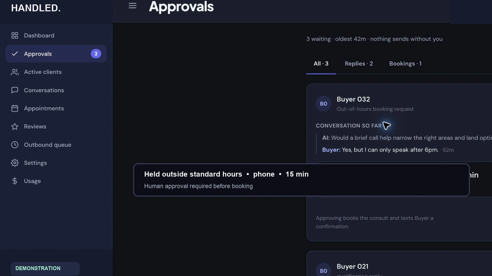 Demonstration approval queue showing held buyer replies awaiting human review.