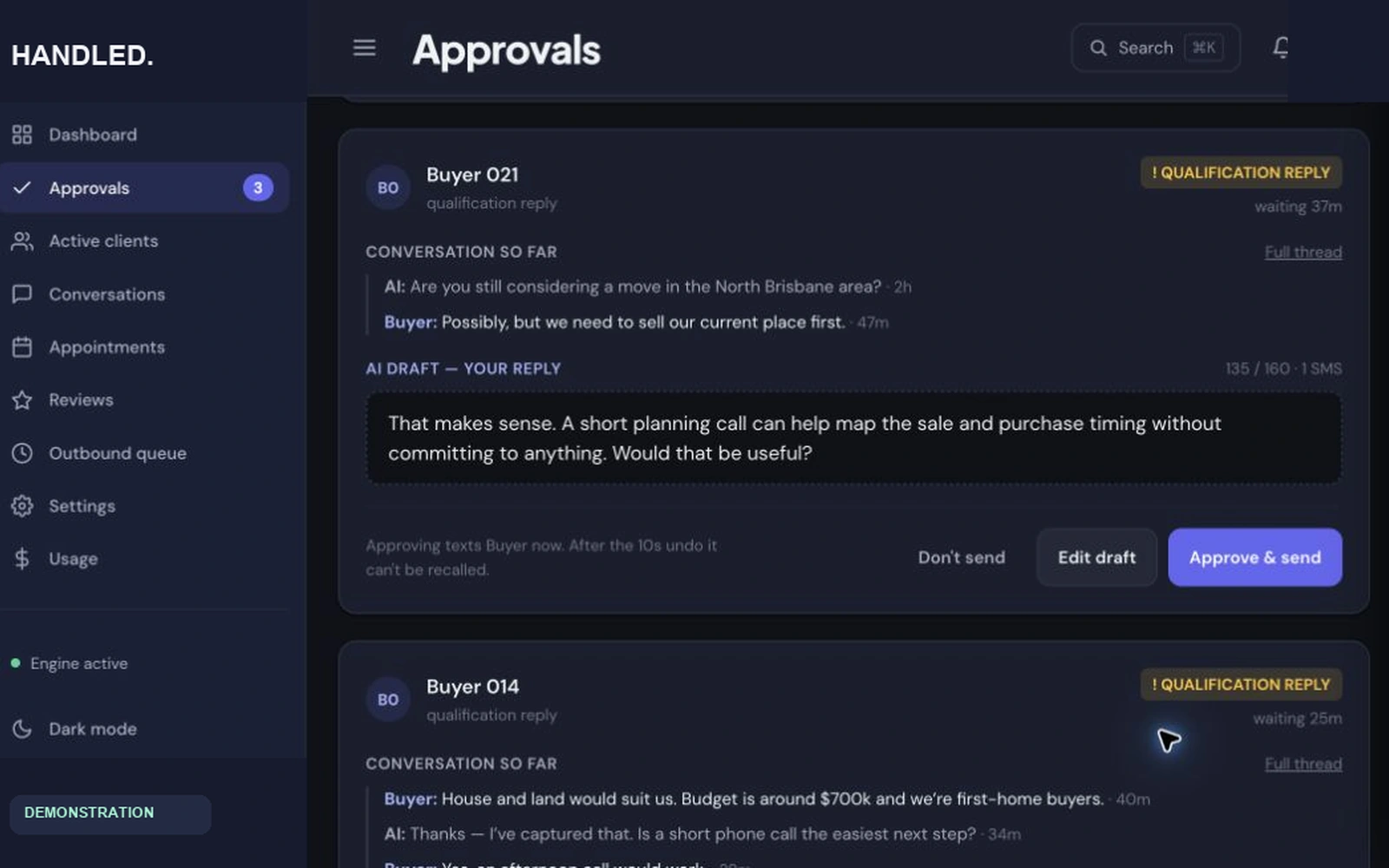 Demonstration approval detail showing buyer context, a proposed reply and human approval controls.