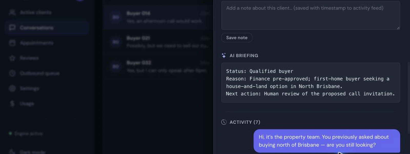 Demonstration client record showing status, reason, next action and an activity trail.