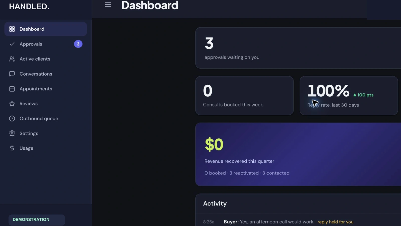 Demonstration operating dashboard showing approvals, status indicators and recent activity.