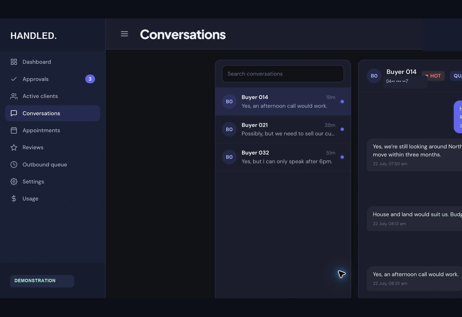 Demonstration conversation journey showing an enquiry progressing through qualification and call intent.